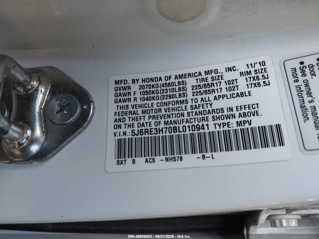 2011 Honda Cr-v Ex-l მანქანა იყიდება აუქციონზე, vin: 5J6RE3H70BL010941, აუქციონის ნომერი: 46005453