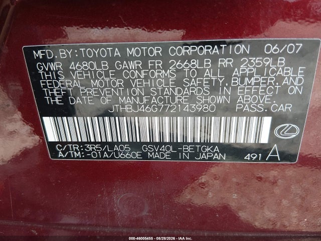 46005455 :رقم المزاد ، JTHBJ46G772143980 vin ، 2007 Lexus Es 350 مزاد بيع