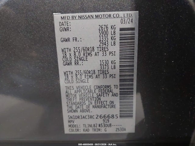 Продажа на аукционе авто 2024 Nissan Pathfinder S 4wd, vin: 5N1DR3AC3RC266685, номер лота: 46005459