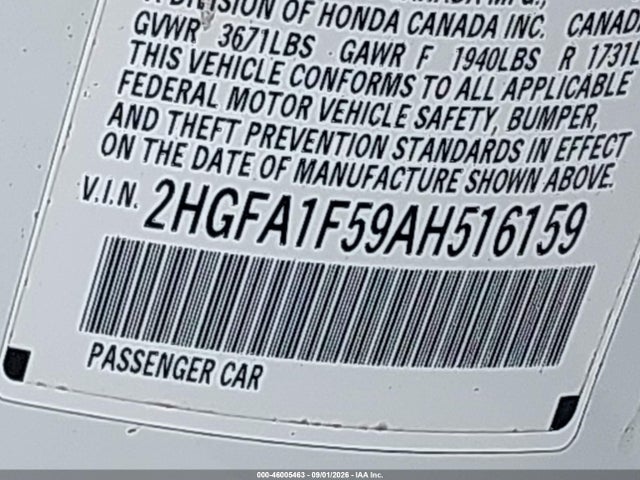 Продажа на аукционе авто 2010 Honda Civic Lx, vin: 2HGFA1F59AH516159, номер лота: 46005463