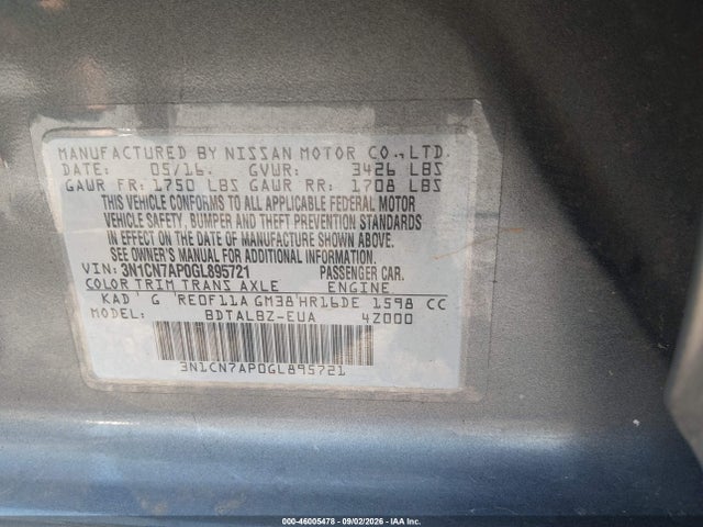 46005478 :رقم المزاد ، 3N1CN7AP0GL895721 vin ، 2016 Nissan Versa 1.6 S/1.6 S+/1.6 Sl/1.6 Sv مزاد بيع