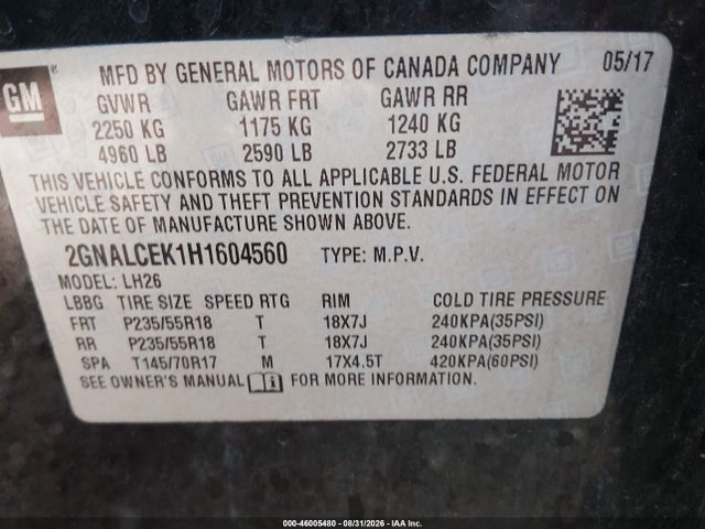 46005480 :رقم المزاد ، 2GNALCEK1H1604560 vin ، 2017 Chevrolet Equinox Lt مزاد بيع