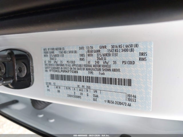 Aukcja sprzedaży 2024 Ford F-150 Stx, vin: 1FTEW2LP8RKF75389, numer aukcji: 46005485
