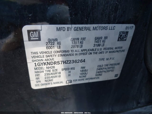 46005490 :رقم المزاد ، 1GYKNDRS7HZ236264 vin ، 2017 Cadillac Xt5 Luxury مزاد بيع
