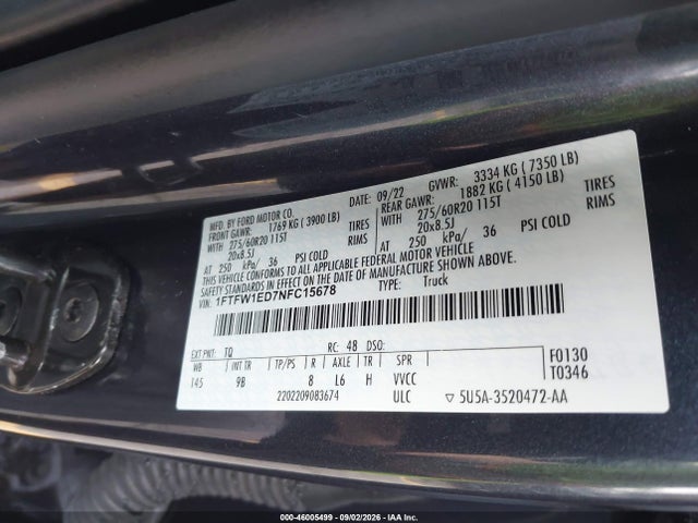 Aukcja sprzedaży 2022 Ford F-150 Platinum, vin: 1FTFW1ED7NFC15678, numer aukcji: 46005499