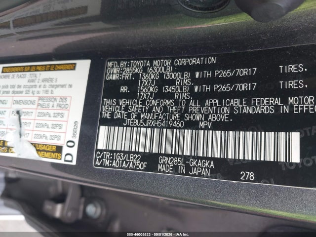 2017 Toyota 4runner Sr5 Premium მანქანა იყიდება აუქციონზე, vin: JTEBU5JRXH5419460, აუქციონის ნომერი: 46005523
