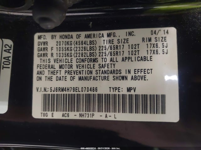 Aukcja sprzedaży 2014 Honda Cr-v Ex-l, vin: 5J6RM4H79EL070486, numer aukcji: 46005524