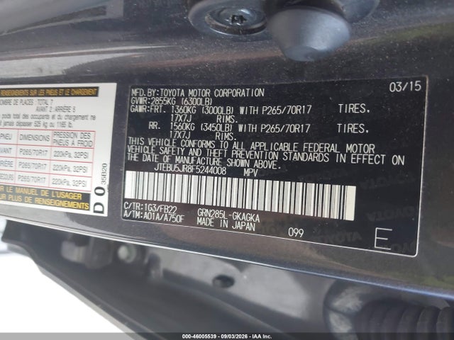 Aukcja sprzedaży 2015 Toyota 4runner Sr5, vin: JTEBU5JR8F5244008, numer aukcji: 46005539
