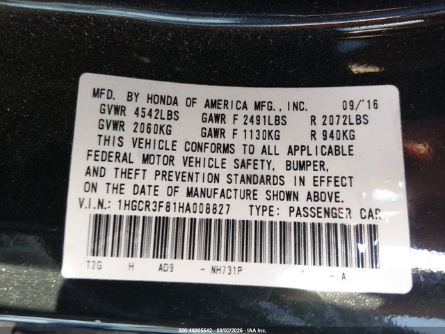 Продажа на аукционе авто 2017 Honda Accord Ex-l V6, vin: 1HGCR3F81HA008827, номер лота: 46005542