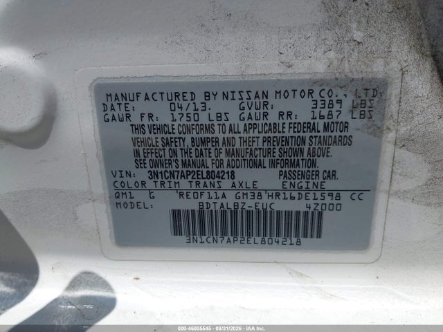 Aukcja sprzedaży 2014 Nissan Versa 1.6 Sv, vin: 3N1CN7AP2EL804218, numer aukcji: 46005545