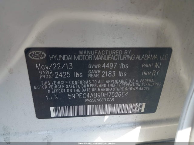 Продажа на аукционе авто 2013 Hyundai Sonata Se 2.0t, vin: 5NPEC4AB9DH752664, номер лота: 46005552