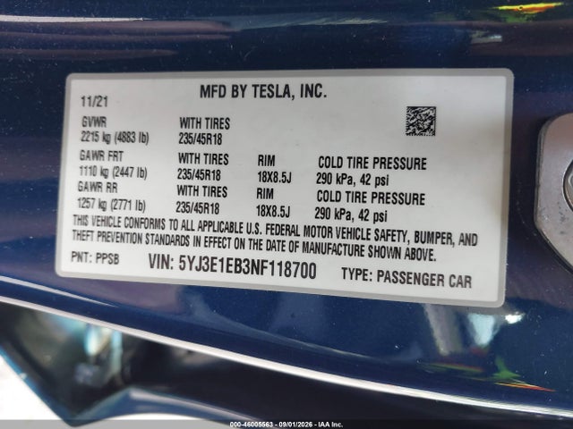 Aukcja sprzedaży 2022 Tesla Model 3 Long Range Dual Motor All-wheel Drive, vin: 5YJ3E1EB3NF118700, numer aukcji: 46005563