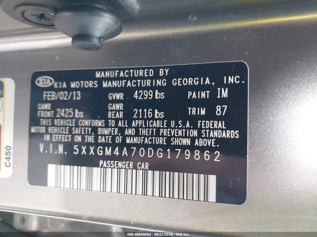 Продажа на аукционе авто 2013 Kia Optima Lx, vin: 5XXGM4A70DG179862, номер лота: 46005564