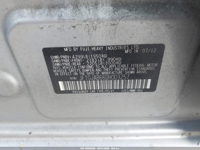 Aukcja sprzedaży 2013 Subaru Impreza 2.0i Premium, vin: JF1GJAB66DH003257, numer aukcji: 46005569