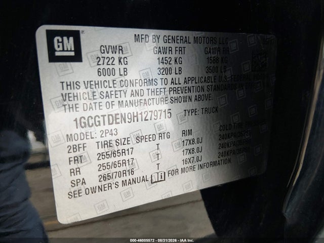 Aukcja sprzedaży 2017 Chevrolet Colorado Z71, vin: 1GCGTDEN9H1279715, numer aukcji: 46005572