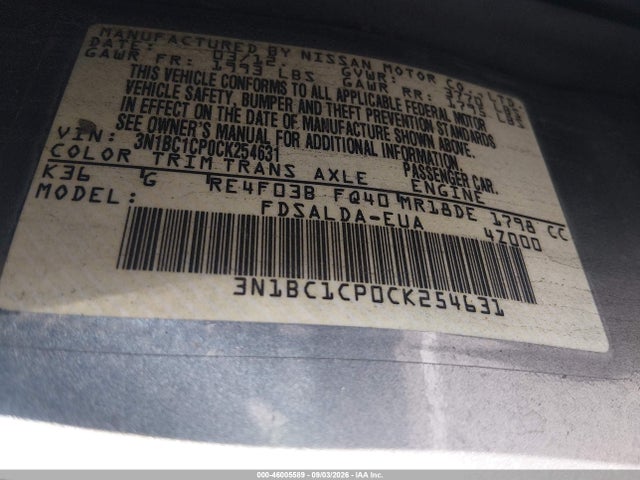 Продаж на аукціоні авто 2012 Nissan Versa 1.8 S, vin: 3N1BC1CP0CK254631, номер лоту: 46005589