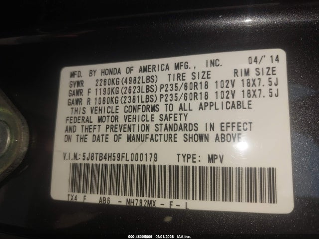 2015 Acura Rdx მანქანა იყიდება აუქციონზე, vin: 5J8TB4H59FL000179, აუქციონის ნომერი: 46005609