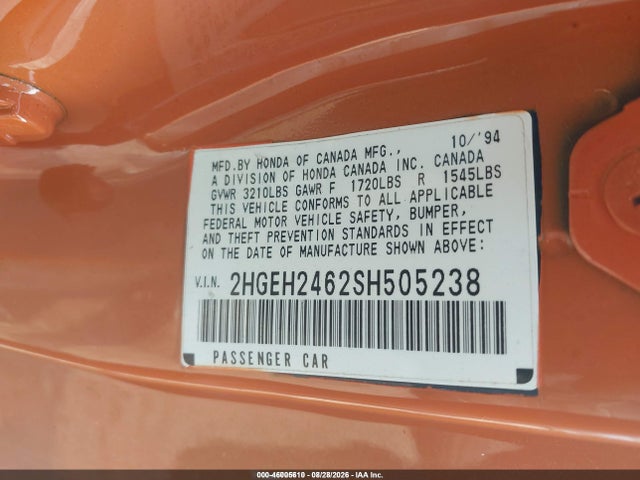 46005610 :رقم المزاد ، 2HGEH2462SH505238 vin ، 1995 Honda Civic Dx مزاد بيع