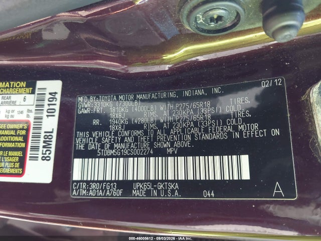 Aukcja sprzedaży 2012 Toyota Sequoia Sr5 4.6l V8, vin: 5TDBM5G19CS002274, numer aukcji: 46005612