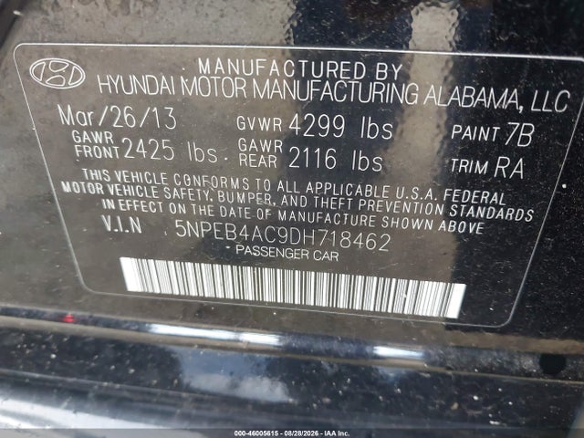 2013 Hyundai Sonata Gls მანქანა იყიდება აუქციონზე, vin: 5NPEB4AC9DH718462, აუქციონის ნომერი: 46005615