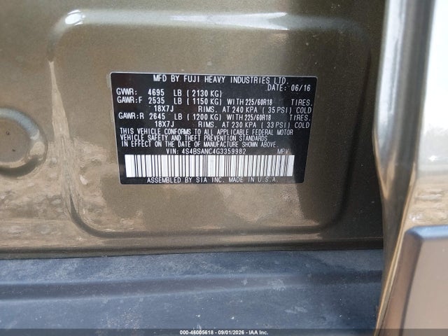 Продажа на аукционе авто 2016 Subaru Outback 2.5i Limited, vin: 4S4BSANC4G3359982, номер лота: 46005618