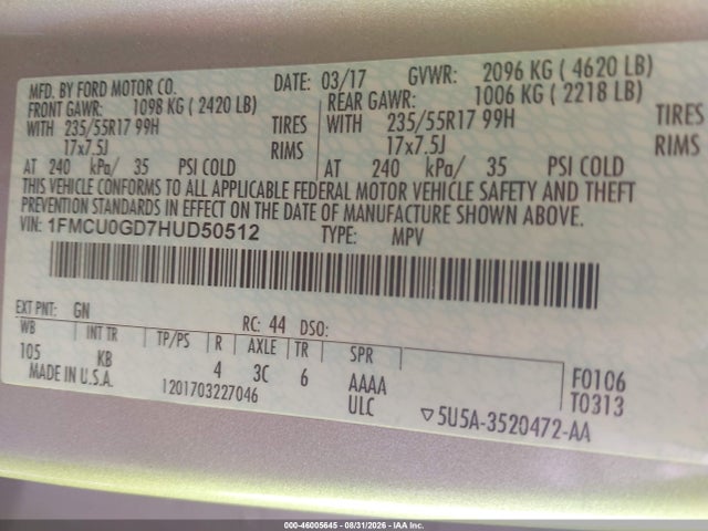 46005645 :رقم المزاد ، 1FMCU0GD7HUD50512 vin ، 2017 Ford Escape Se مزاد بيع