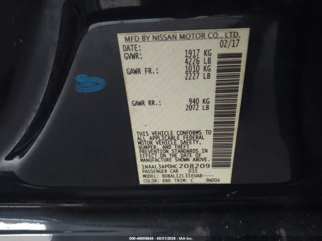Продажа на аукционе авто 2017 Nissan Altima 2.5 Sv, vin: 1N4AL3AP0HC208209, номер лота: 46005648