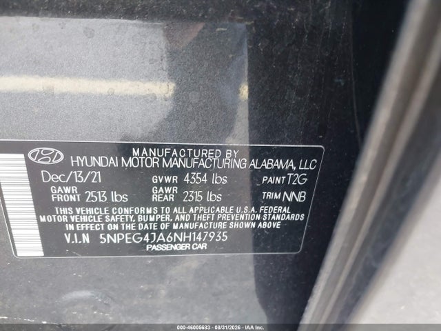 Продажа на аукционе авто 2022 Hyundai Sonata Se, vin: 5NPEG4JA6NH147935, номер лота: 46005683