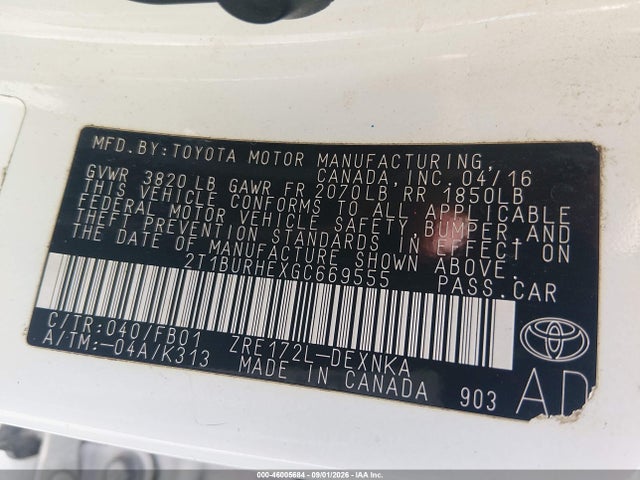 Aukcja sprzedaży 2016 Toyota Corolla Le, vin: 2T1BURHEXGC669555, numer aukcji: 46005684