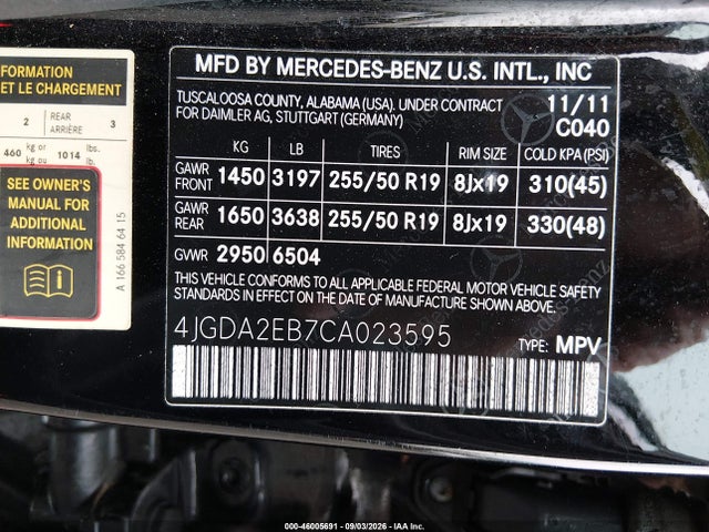 2012 Mercedes-benz Ml 350 Bluetec 4matic მანქანა იყიდება აუქციონზე, vin: 4JGDA2EB7CA023595, აუქციონის ნომერი: 46005691