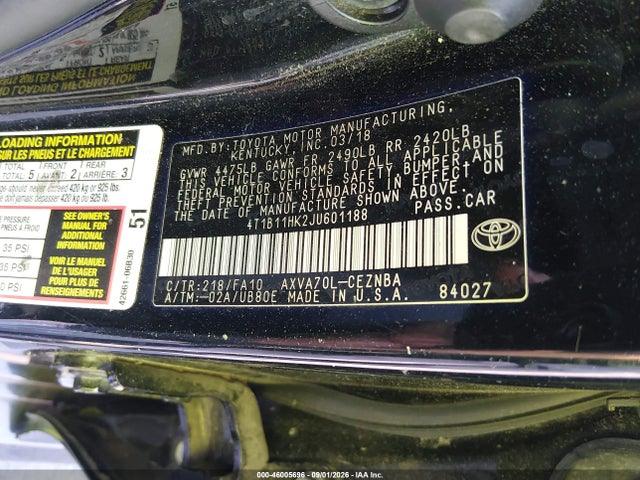 Продаж на аукціоні авто 2018 Toyota Camry Le, vin: 4T1B11HK2JU601188, номер лоту: 46005696