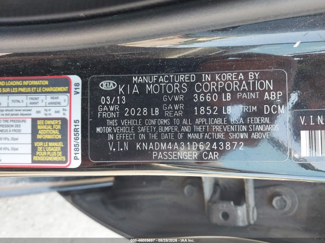 Aukcja sprzedaży 2013 Kia Rio Lx, vin: KNADM4A31D6243872, numer aukcji: 46005697