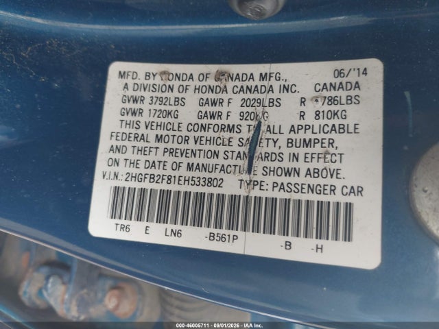 46005711 :رقم المزاد ، 2HGFB2F81EH533802 vin ، 2014 Honda Civic Ex مزاد بيع