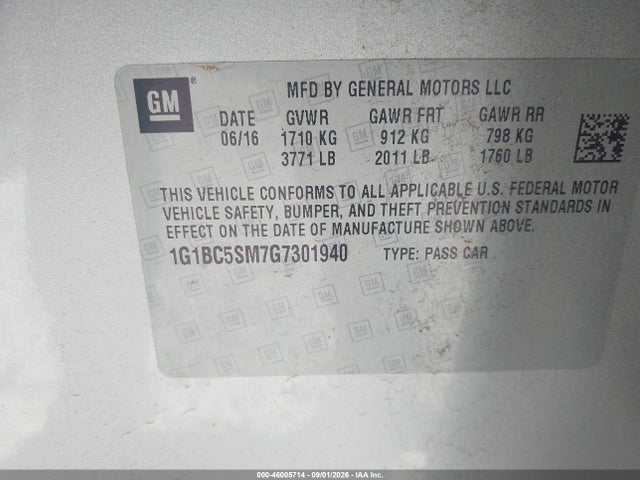 46005714 :رقم المزاد ، 1G1BC5SM7G7301940 vin ، 2016 Chevrolet Cruze Ls Auto مزاد بيع