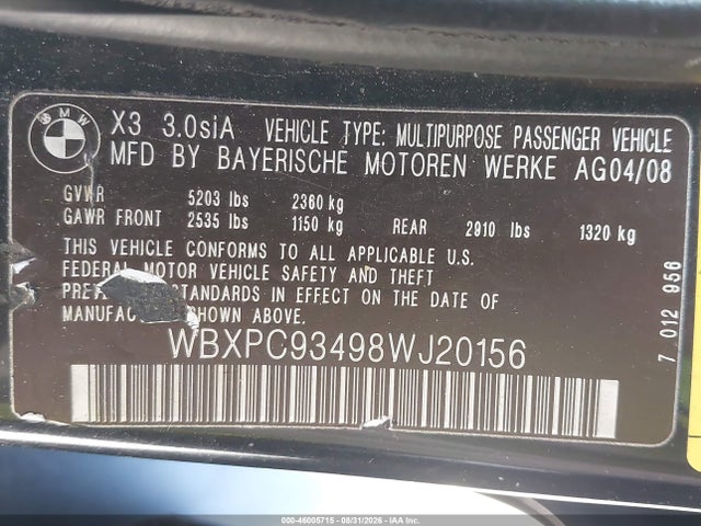 Aukcja sprzedaży 2008 Bmw X3 3.0si, vin: WBXPC93498WJ20156, numer aukcji: 46005715