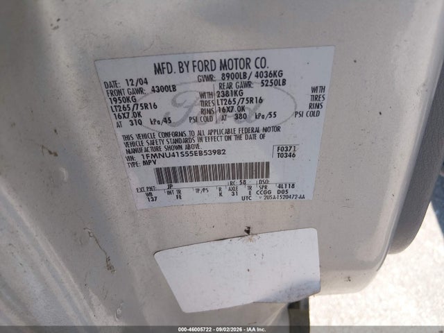 46005722 :رقم المزاد ، 1FMNU41S55EB53982 vin ، 2005 Ford Excursion Xls/xlt مزاد بيع