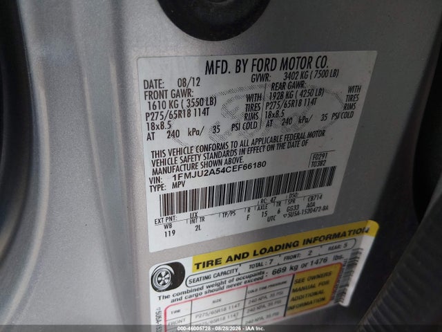 Aukcja sprzedaży 2012 Ford Expedition Limited, vin: 1FMJU2A54CEF66180, numer aukcji: 46005728