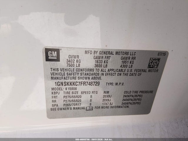 46005766 :رقم المزاد ، 1GNSKKKC7FR748729 vin ، 2015 Chevrolet Suburban 1500 Ltz مزاد بيع