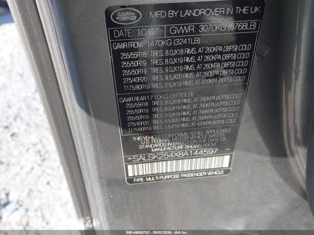 Продажа на аукционе авто 2008 Land Rover Range Rover Sport Hse, vin: SALSK254X8A144597, номер лота: 46005782