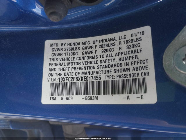 Aukcja sprzedaży 2019 Honda Civic Lx, vin: 19XFC2F6XKE017455, numer aukcji: 46005790