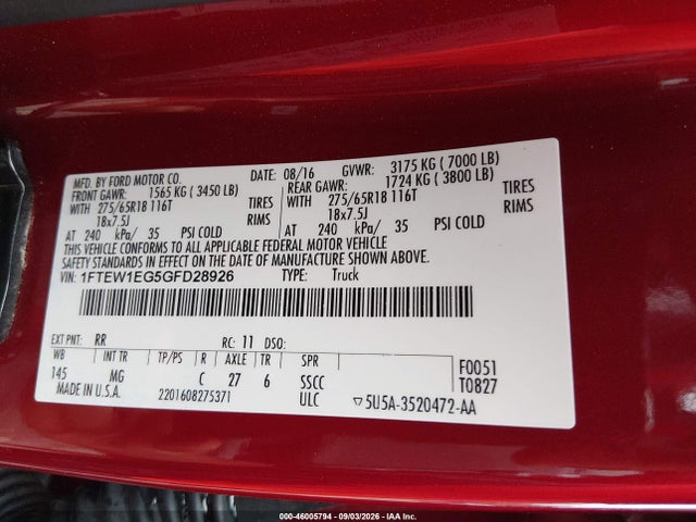 2016 Ford F-150 Xlt მანქანა იყიდება აუქციონზე, vin: 1FTEW1EG5GFD28926, აუქციონის ნომერი: 46005794