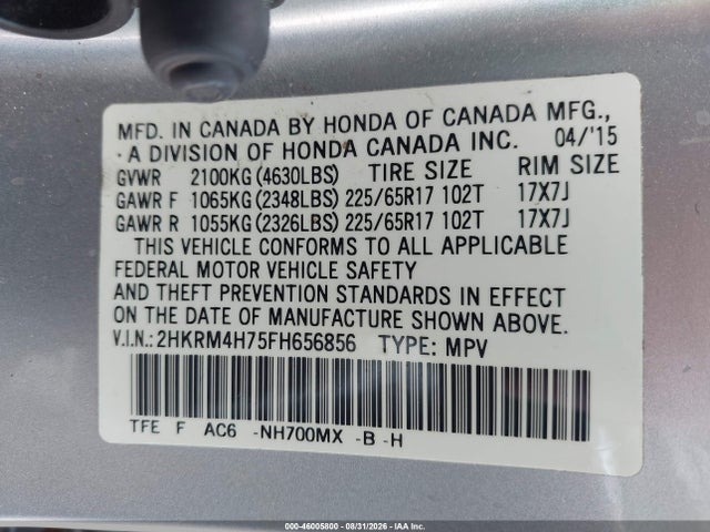46005800 :رقم المزاد ، 2HKRM4H75FH656856 vin ، 2015 Honda Cr-v Ex-l مزاد بيع