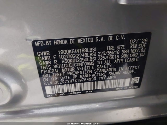 Продаж на аукціоні авто 2026 Honda Hr-v Awd Ex-l, vin: 3CZRZ2H7XTM764993, номер лоту: 46005804