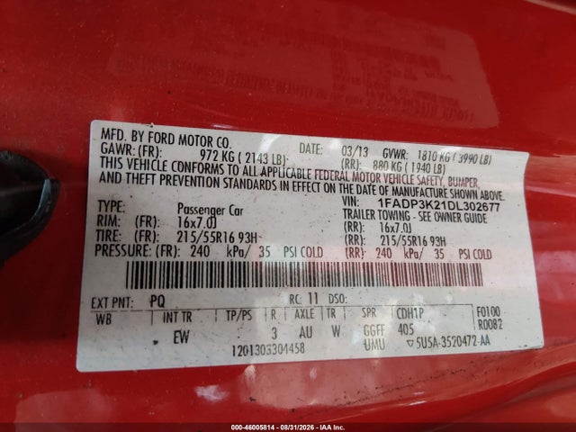 2013 Ford Focus Se მანქანა იყიდება აუქციონზე, vin: 1FADP3K21DL302677, აუქციონის ნომერი: 46005814