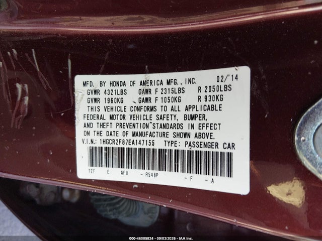 Aukcja sprzedaży 2014 Honda Accord Ex-l, vin: 1HGCR2F87EA147155, numer aukcji: 46005824