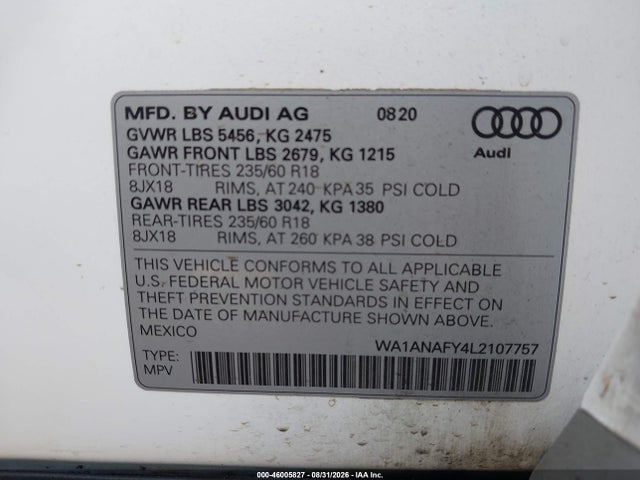 Aukcja sprzedaży 2020 Audi Q5 Premium 45 Tfsi Quattro S Tronic, vin: WA1ANAFY4L2107757, numer aukcji: 46005827