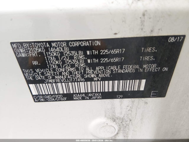 Aukcja sprzedaży 2018 Toyota Rav4 Le, vin: JTMBFREV0JJ177496, numer aukcji: 46005836