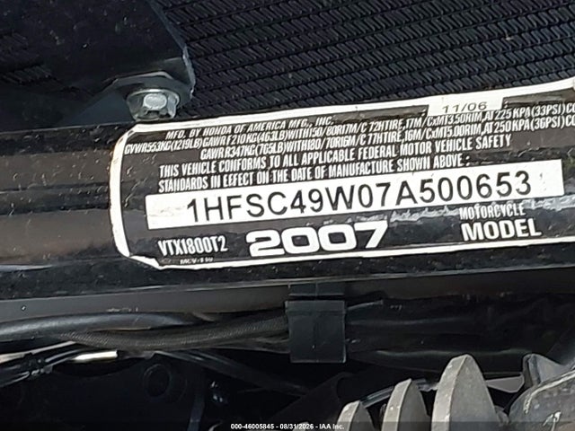 46005845 :رقم المزاد ، 1HFSC49W07A500653 vin ، 2007 Honda Vtx1800 T2 مزاد بيع