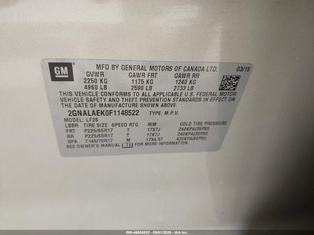 Продажа на аукционе авто 2015 Chevrolet Equinox Ls, vin: 2GNALAEK0F1148522, номер лота: 46005852