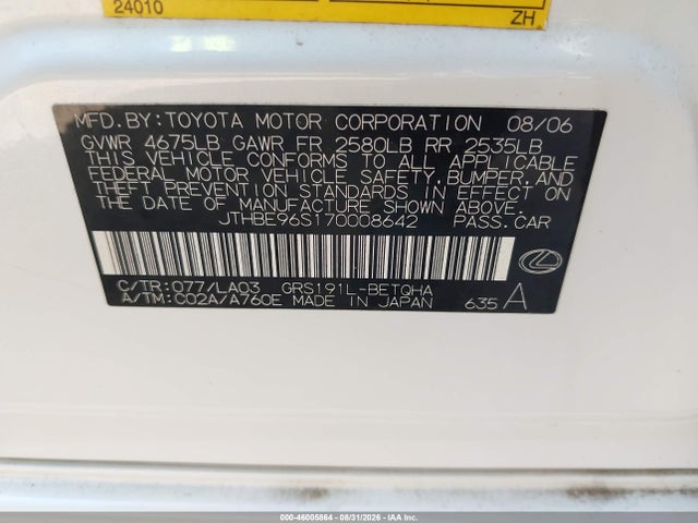 Продажа на аукционе авто 2007 Lexus Gs 350, vin: JTHBE96S170008642, номер лота: 46005864